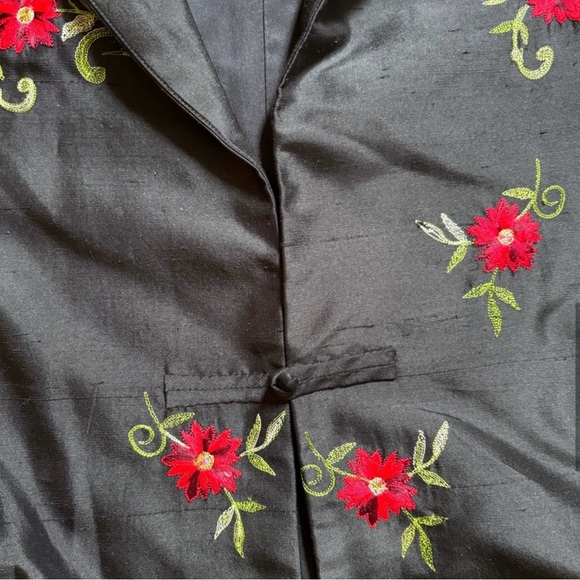 Silk black longline jacket blazer.coat. with Red Floral embroidery. Pockets ! - Picture 7 of 14
